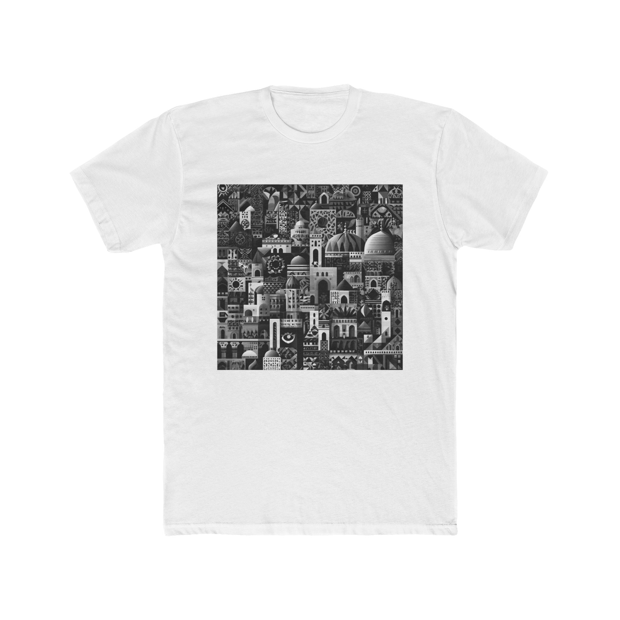 Cityscape Mosaic T‑Shirt — Black & White Urban Architecture Tee